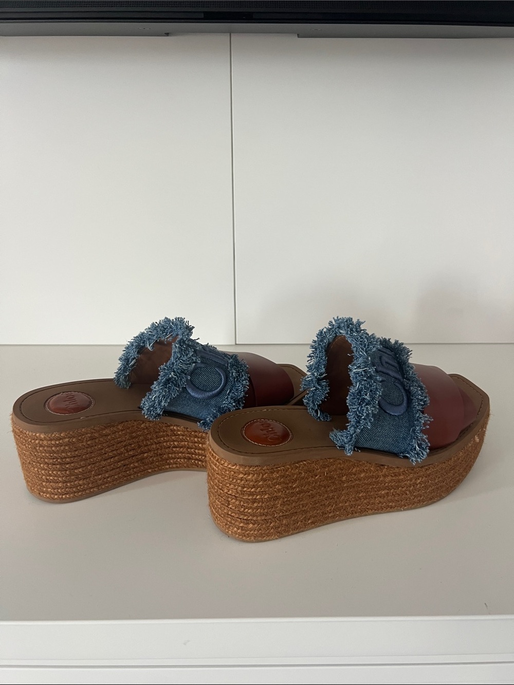 Chloe Blue Denim Fringe & Brown Leather Wedge Sandals - Picture 2 of 3